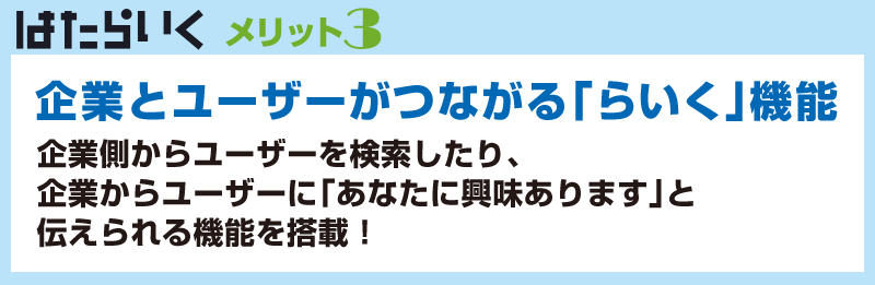 はたらいく　メリット3　企業とユーザーがつながる「らいく」機能　企業側からユーザーを検索したり、企業からユーザーに「あなたに興味があります」と伝えられる機能を搭載！